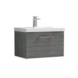 Balterley Wall Hung Bathroom 1 Drawer Vanity Unit and 1 Tap Hole Ceramic Basin, with Handle Grey Anthracite Woodgrain