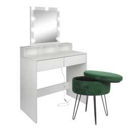 Harbour Housewares Wooden Dressing Table Set with LED Lights & Green Stool - White White White/Green