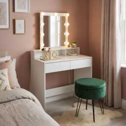 Harbour Housewares Wooden Dressing Table Set with LED Lights & Green Stool - White White White/Green