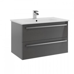 Bathroom 2-Drawer Wall Hung Vanity Unit with Ceramic Basin 800mm Wide - Storm Grey Gloss - Brassware Not Included Grey Grey 1