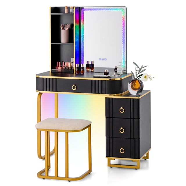 COSTWAY RGB Vanity Table Set Bedroom Dressing Table White