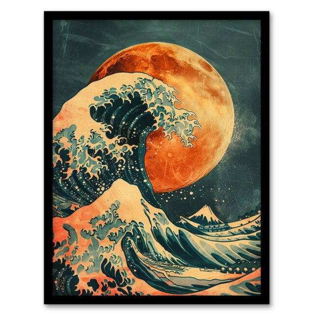 Orange Moon Traditional Japanese Great Wave Of Kanagawa Black Framed Wall Art Print A4