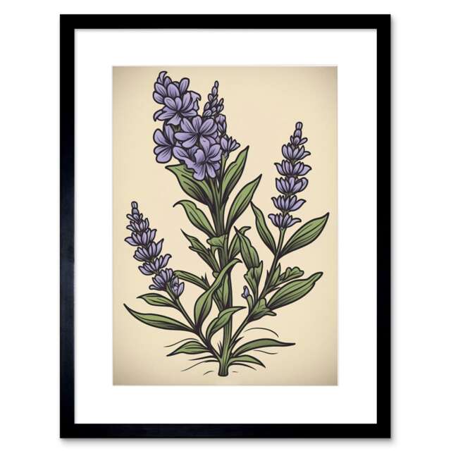 "Lavender Plant Old School USA Tattoo Ink Americana 50s 9x7"" Black Framed Wall Art Print"