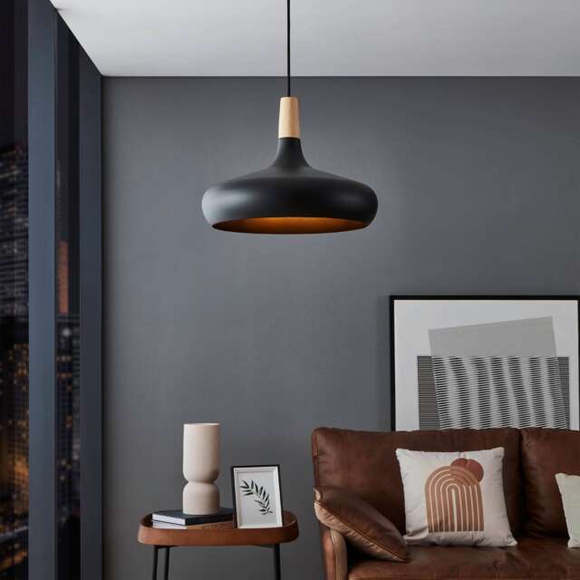 EGLO Sabinar Metal/Wood Black & Brown Single Pendant, 40cm