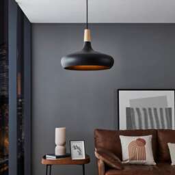 EGLO Sabinar Metal/Wood Black & Brown Single Pendant, 40cm