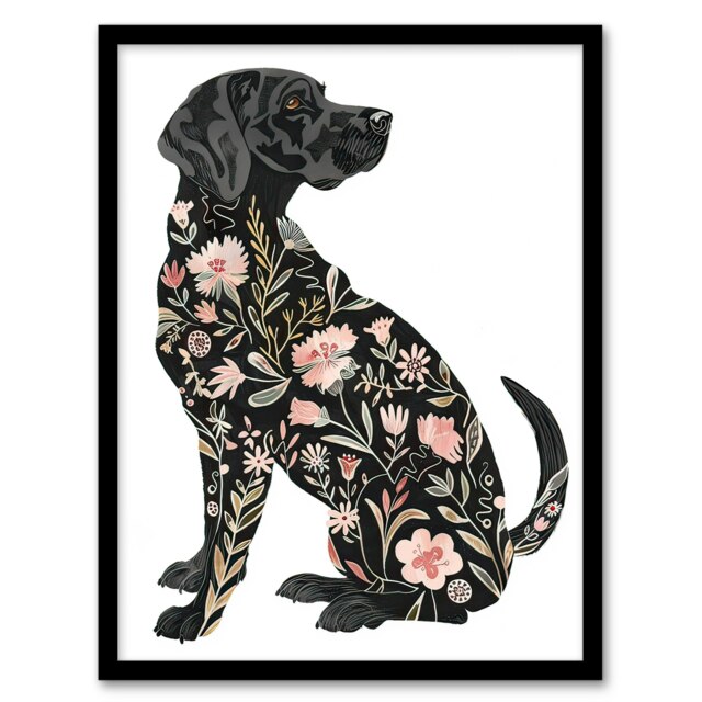 Dog Lover Black Labrador with Floral Pattern Fur Black Framed Wall Art Print A4
