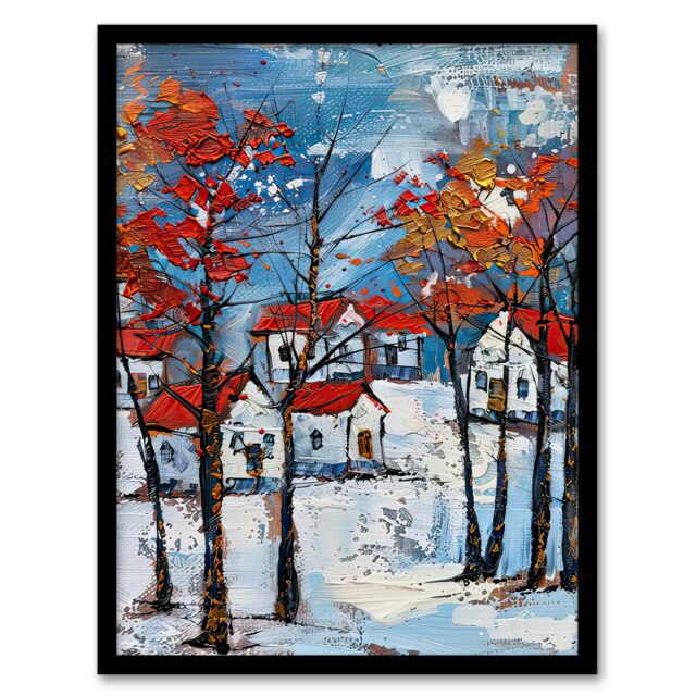 Norway Winter Forest Traditional Red Roof Black Framed Wall Art Print A4
