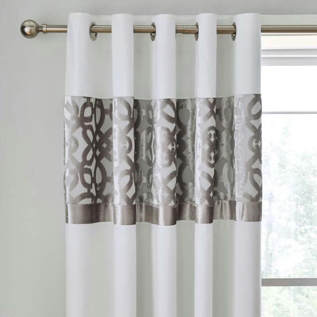 Catherine Lansfield Lattice Cut Velvet 66x72 Inch Lined Eyelet Curtains Natural