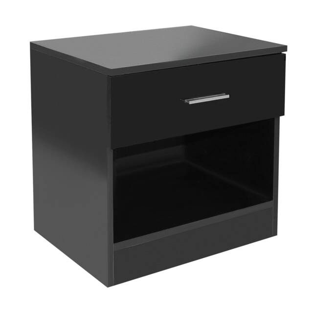 Modern Bedside Table with Drawer and Open Shelf High Gloss In Black Black