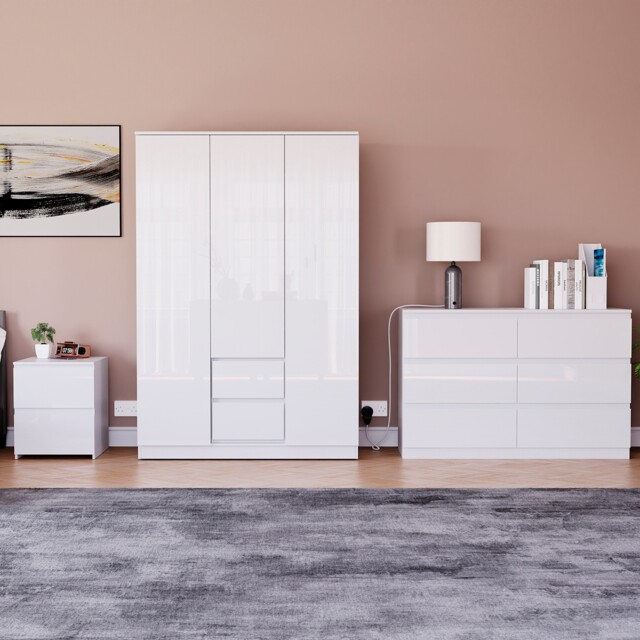 Vida Designs Glinton 3 Piece FSC Certified Bedroom Set (2 Drawer Bedside Chest, 6 Drawer Chest, 3 Door 2 Drawer Wardrobe), White White White