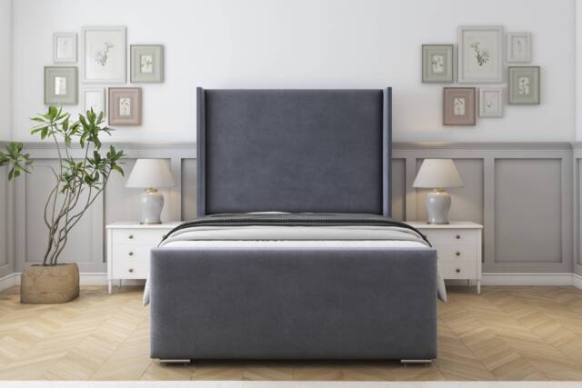 "Sloomy Devonshire Steel Plush Bed Frame With 50"" Upholstered Wingback Headboard 4'6 Double"