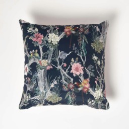 Homescapes Floral Garden Parrot Filled Velvet Cushion - 46 x 46 cm Pink Navy & Pink 1