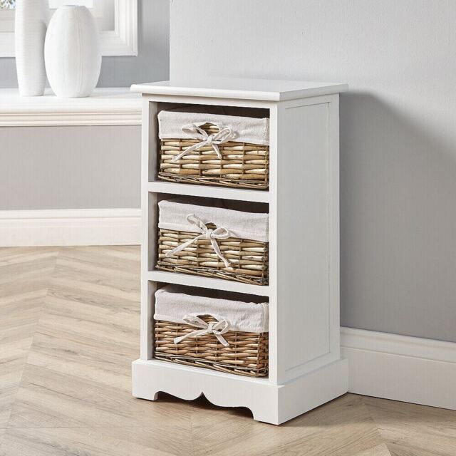 Wooden Chest Of 3 Drawer Storage Unit Willow Wicker Baskets Bedside Fully Assembled