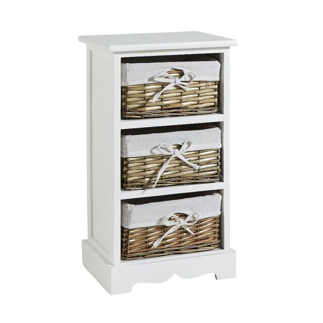 Wooden Chest Of Drawer Storage Unit Willow Wicker Baskets Bedside Fully Assembled White