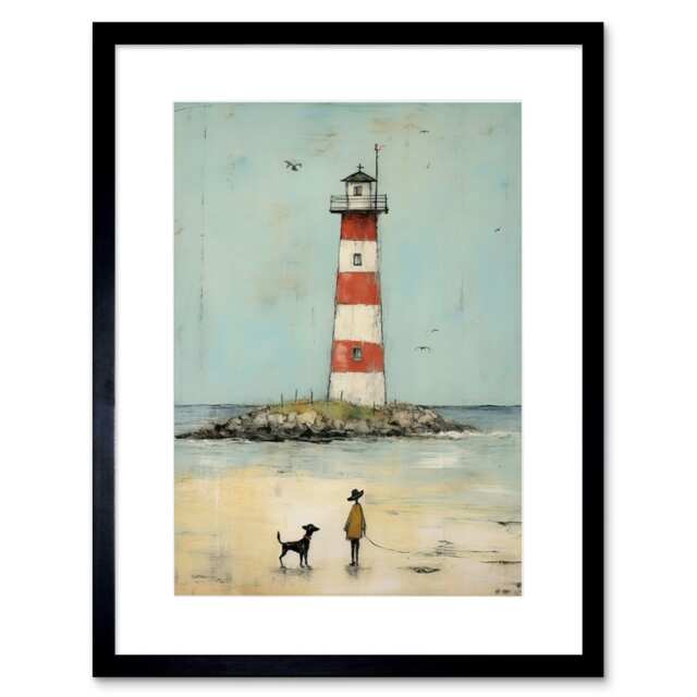 "Lighthouse Pastel Colour Painting Bathroom Red Blue Ochre 9x7"" Black Framed Wall Art Print"