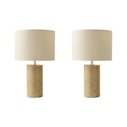 ValueLights Chloe Pair Natural Marble Effect Table Lamp Linen Shade Cream