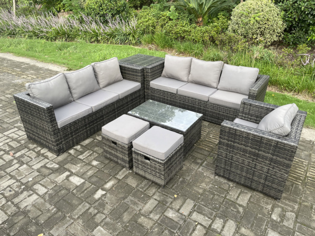 Fimous Wicker PE Rattan Sofa Set Outdoor Patio Garden Furniture with Armchair Oblong Coffee Table Side Table 2 Small Footstools Dark Grey Mixed