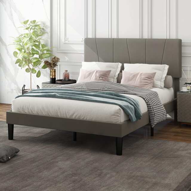 HOMCOM Double Bed Frame with 5-Level Adjustable Velvet Upholstered Headboard, Wooden Slats Mattress Foundation, No Box Spring Needed, Grey