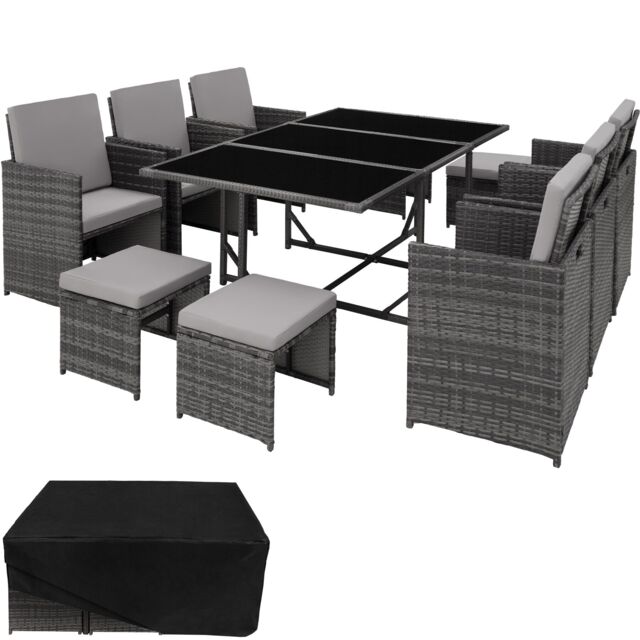 Garden Table and Chairs Malaga - 10 seats with cushions, dining table, rain cover Grey grey 53 x 53 x 87 cm 1