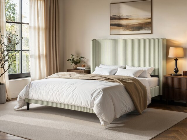 SOLACE+CO Jovanna Striped Bed Frame with Winged Headboard Woven Fabric Green Double