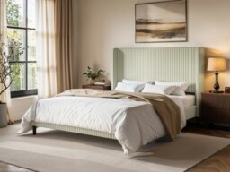 SOLACE+CO Jovanna Striped Bed Frame with Winged Headboard Woven Fabric Green Double