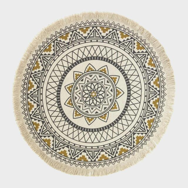 Homescapes Black and Gold Cotton Mandala Printed Round Rug Black Black, Gold and Off-White