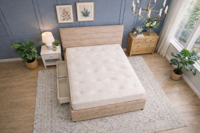 Divan Bed Set Headboard and Footboard with Mattress 3ft Single Beige Suede Storage 2 Drawers Right Side Laying in Bed
