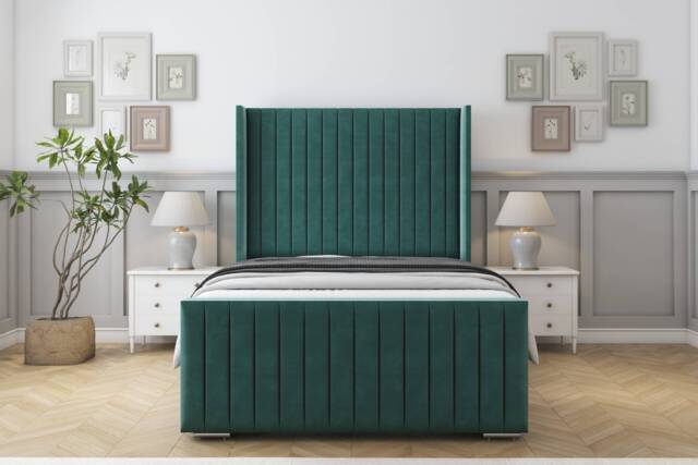 "Sloomy Marlborough Emerald Plush Bed Frame With 50"" Upholstered Wingback Headboard 4'6 Double"