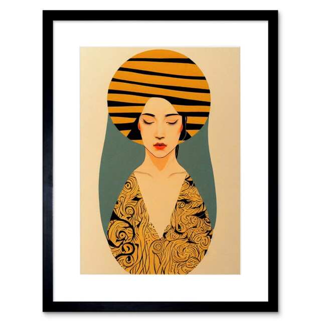 "Retro Woman Mid Century Bohemian Yellow Art Nouveau 9x7"" Black Framed Wall Art Print"