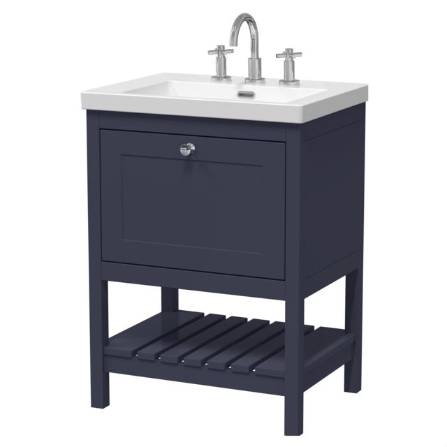 Balterley Coppenhall Contemporary 1 Drawer Floor Standing Vanity Unit with Fireclay Basin, Indigo Blue, 600mm