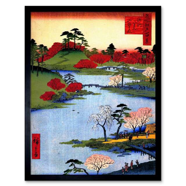 Painting Japanese Woodblock Colourful Trees River Framed Wall Art Print