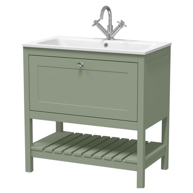 Balterley Coppenhall Contemporary 1 Drawer Floor Standing Vanity Unit with Stone Basin, Fern Green, 800mm