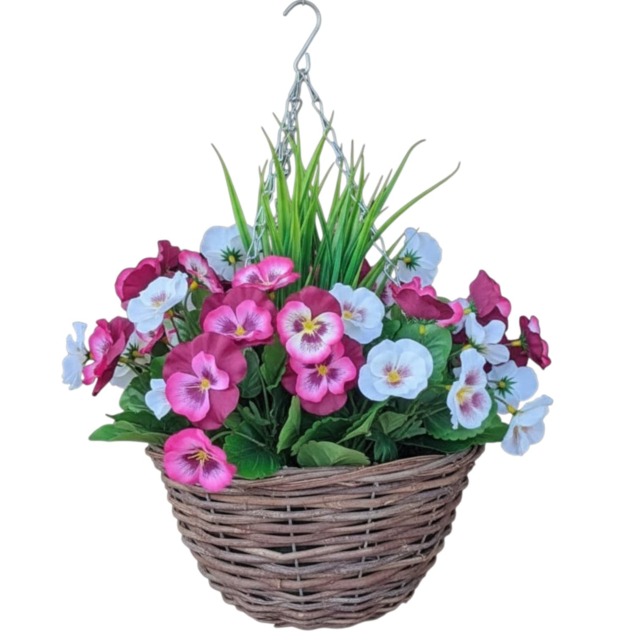 Best Artificial Plum & White Pansy Flower with Decorative Rattan Hanging Basket for Indoor or Outdoor Use Purple Plum & White 1