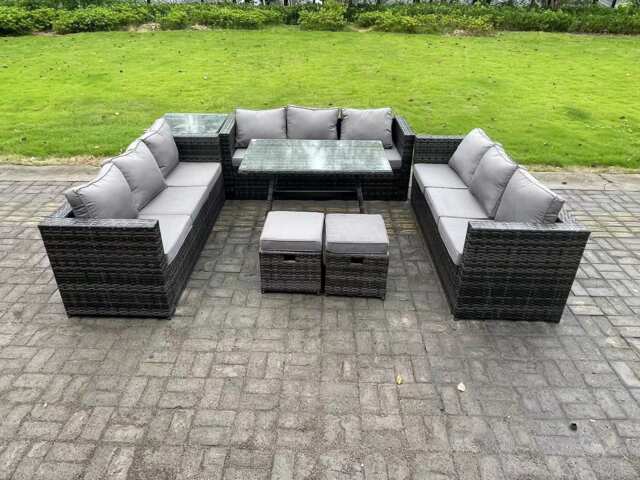 Fimous Rattan Outdoor Furniture Lounge Sofa Garden Dining Set with Dining Table Side Table 2 Small Footstools 11 Seater Dark Grey Mixed