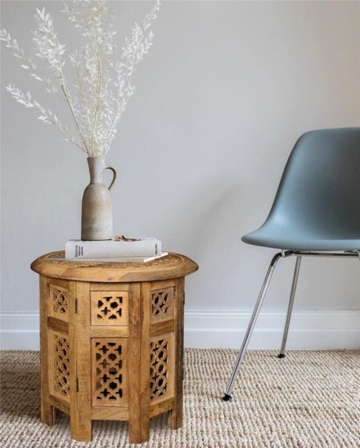 Antique Effect Round Carved Wooden Bedside Lamp Table Side End Coffee Table Medium 38 x 38 x 38 cm