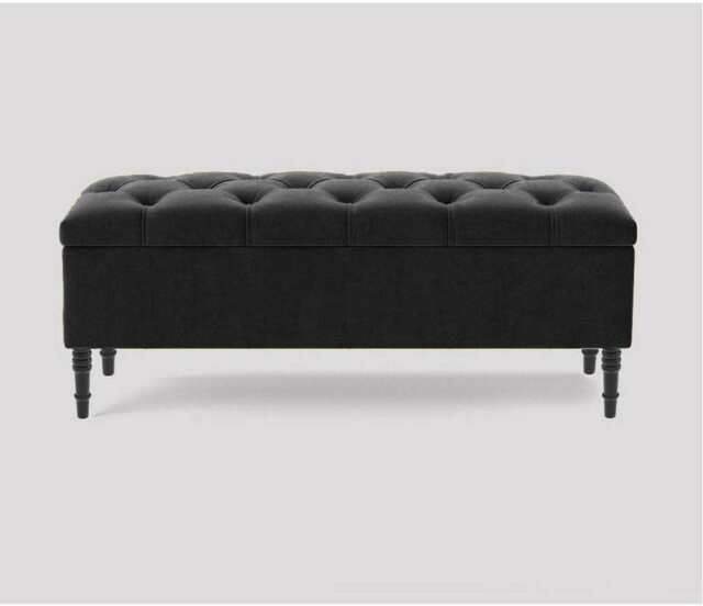 180cm Swiss Chesterfield Ottoman Storage Bench- Plush Velvet Shoe Bench - Black Upholstery Footstool with Storage