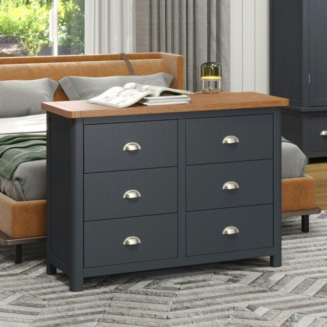 Dunkeld 3+3 Drawer Wide Chest - Midnight Blue Painted Wood Bedroom Storage with Antique Waxed Top Blue Blue 1
