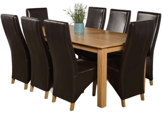 Oslo 180 x 90 cm Large Oak Dining Table and 8 Lola Leather Chairs Brown Brown