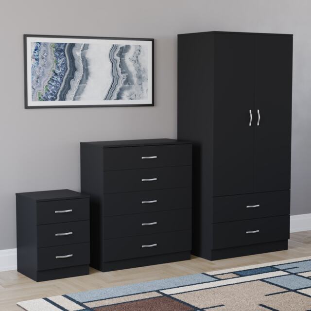 Vida Designs Riano 3 Piece Bedroom Set (3 Drawer Bedside Chest, 5 Drawer Chest, 2 Door 2 Drawer Wardrobe) - Black