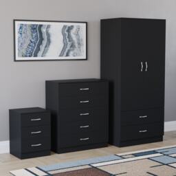 Vida Designs Riano 3 Piece Bedroom Set (3 Drawer Bedside Chest, 5 Drawer Chest, 2 Door 2 Drawer Wardrobe) - Black