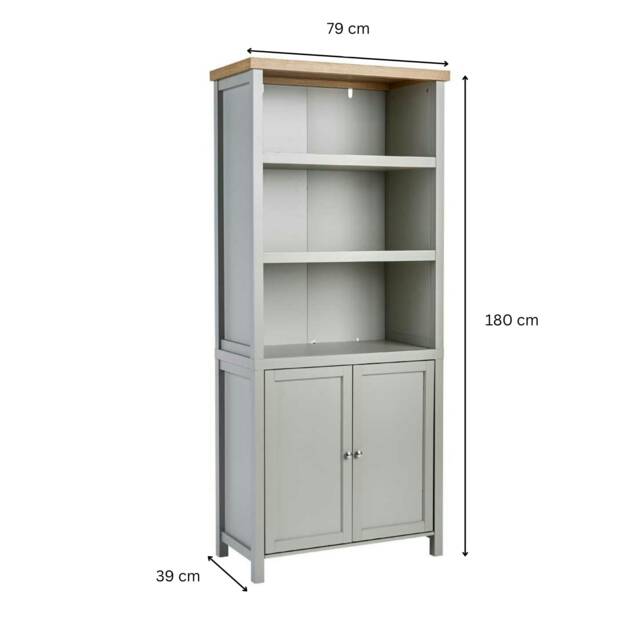 Grey Oak Tall Display Bookcase 3 Shelf 2 Door Storage Cupboard Metal Handles