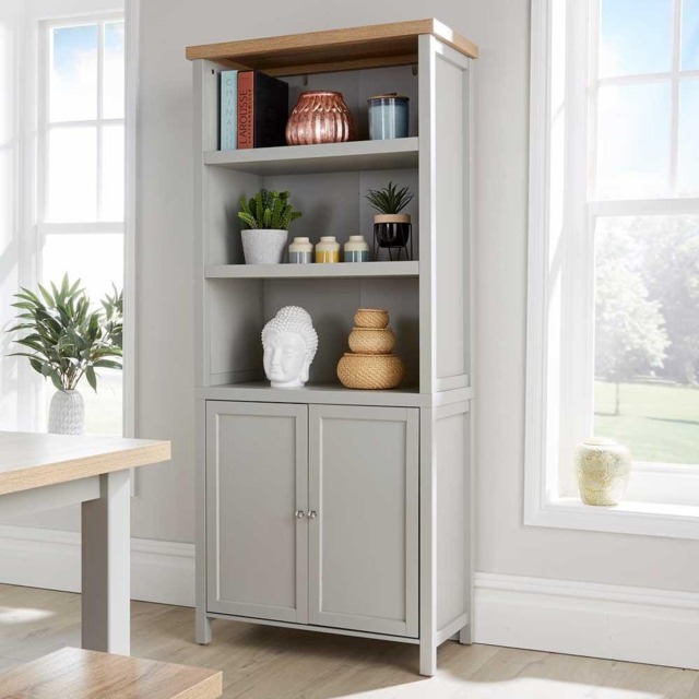Grey Oak Tall Display Bookcase 3 Shelf 2 Door Storage Cupboard Metal Handles