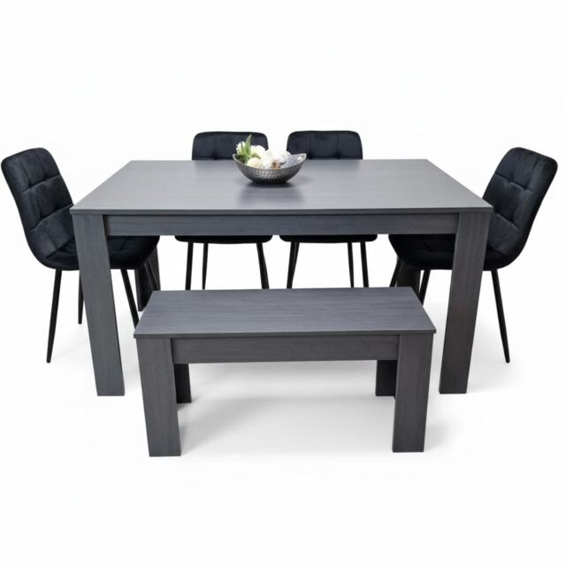 Dining Table and 4 Chairs With Bench Black Dark Grey 4 Velvet Chairs Wooden Bench Wood Dining Set Furniture