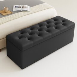 90cm Chesterfield Ottoman Storage Box, Black Plush Velvet Upholstered Blanket Box, End of Bed Bench, Deep Storage Chest