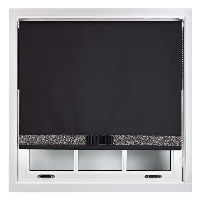 FURNISHED Blackout Roller Blind with Black Glitter Trim and Black Bow Trimmable Window Shade Black Black (W) 160cm x (L) 210cm