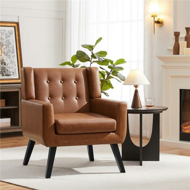 Yaheetech Button Tufted Armchair with Wood Legs Removable Cushion Brown Retro Brown