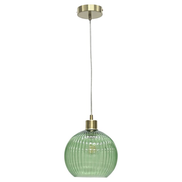Betchley - Green Ribbed Glass Globe with Satin Brass Pendant Fitting Green Green 1