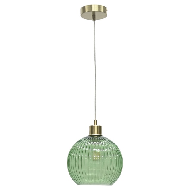 Betchley - Green Ribbed Glass Globe with Satin Brass Pendant Fitting Green Green 1