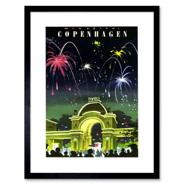 "Copenhagen Denmark Tivoli Gardens Fireworks 12x16"" Framed Wall Art Print"