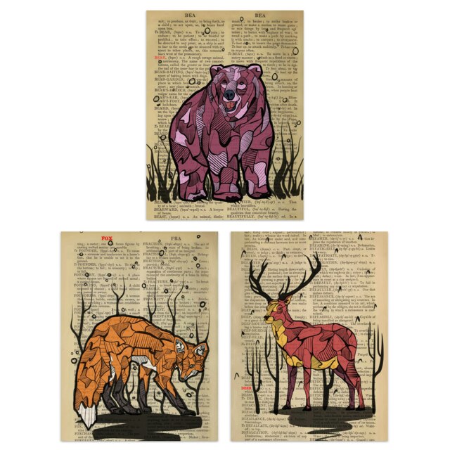 Set of 3 Upcycled Dictionary Page Animals Fox Bear Stag Deer Wall Art Print A4